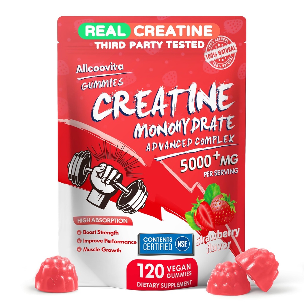 Complexe Gommies Monohydrates de Créatine pour hommes et femmes,5 Gram par portion Gommy de Créatine pour musculation, constructeur de muscles, boost énergétique, supplément pré-entraînement-120 Gommy de fraise
