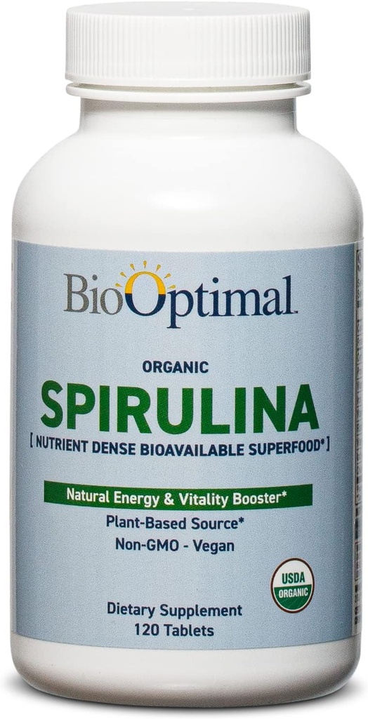 Comprimés BioOptimal Organic Spiruline - Organique, Non-OGM, Pas d'additifs ou de charges - Supplément diététique de qualité supérieure de 500mg avec vitamines, minéraux et antioxydants (120 comprimés)