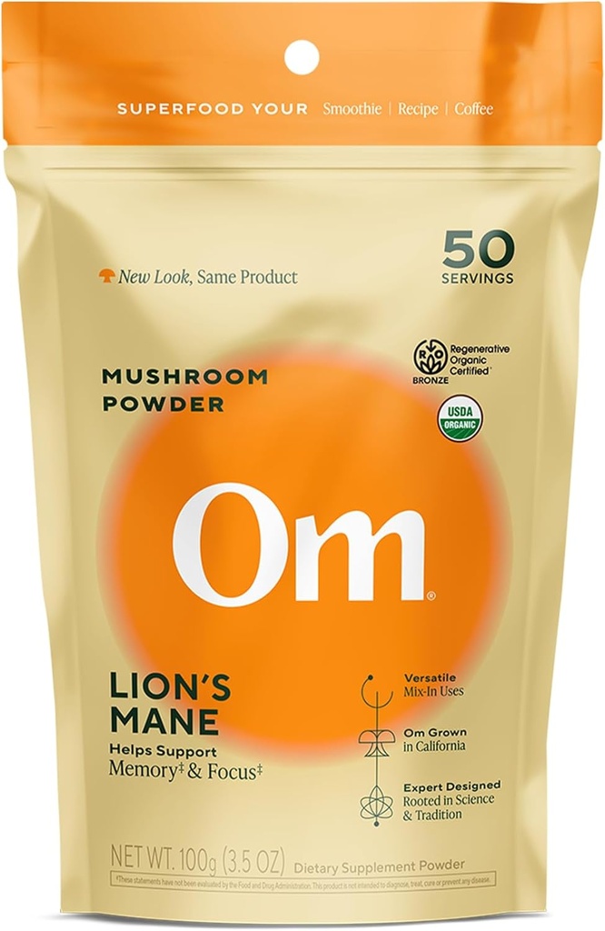 Om Lion, Poudre de champignons de la Mane - Supplément de champignons biologiques et Nootropic - Soutien Mémoire, Focus et Santé Nerve, 3,5 oz (50 portions)