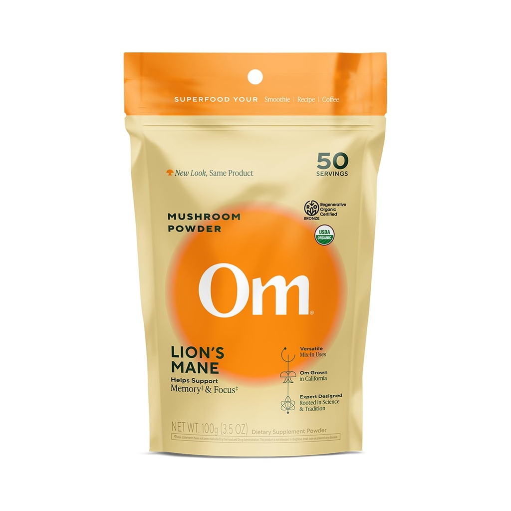 Om Lion, Poudre de champignons de la Mane - Supplément de champignons biologiques et Nootropic - Soutien Mémoire, Focus et Santé Nerve, 3,5 oz (50 portions)