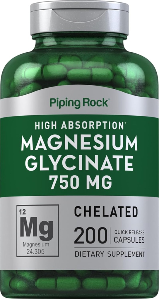Piping Rock Magnesium Glycinate Capsules | 750mg | 200 Count | High Absorption | Chelated | Non-GMO and Gluten Free Supplement