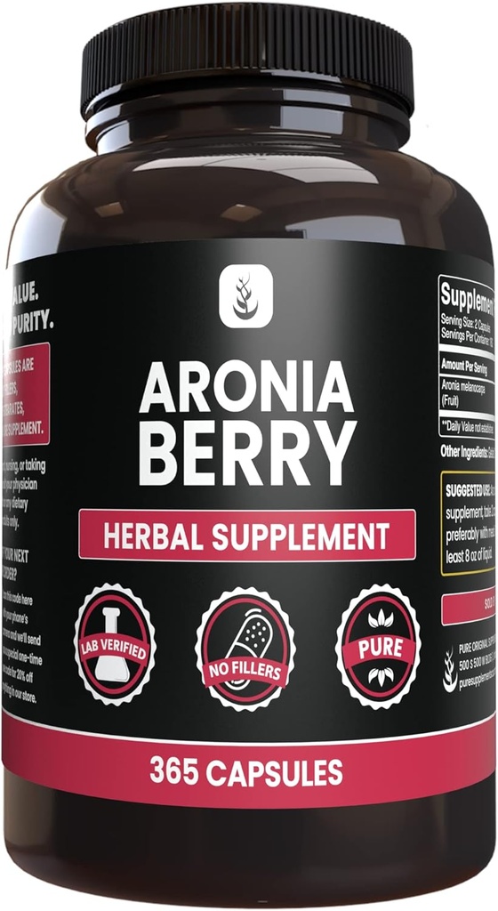 INGRÉDIENTS ORIGINAUX Aronia Berry Extract, (365 Capsules) Toujours Pure, Pas d'additifs ou de remplissages, Verifié en laboratoire