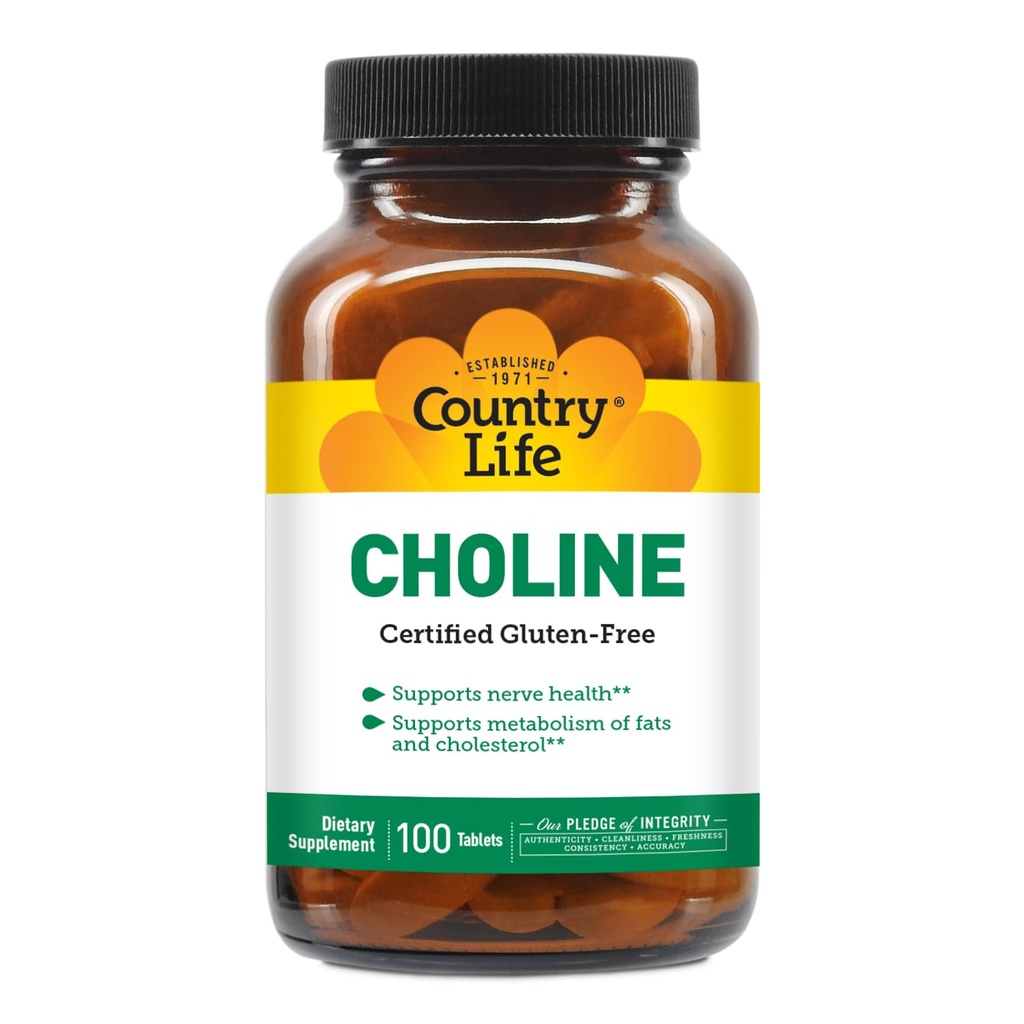Country Life Choline 266mg, certifié sans gluten, certifié végétalien, certifié halal - 100 Comprimés