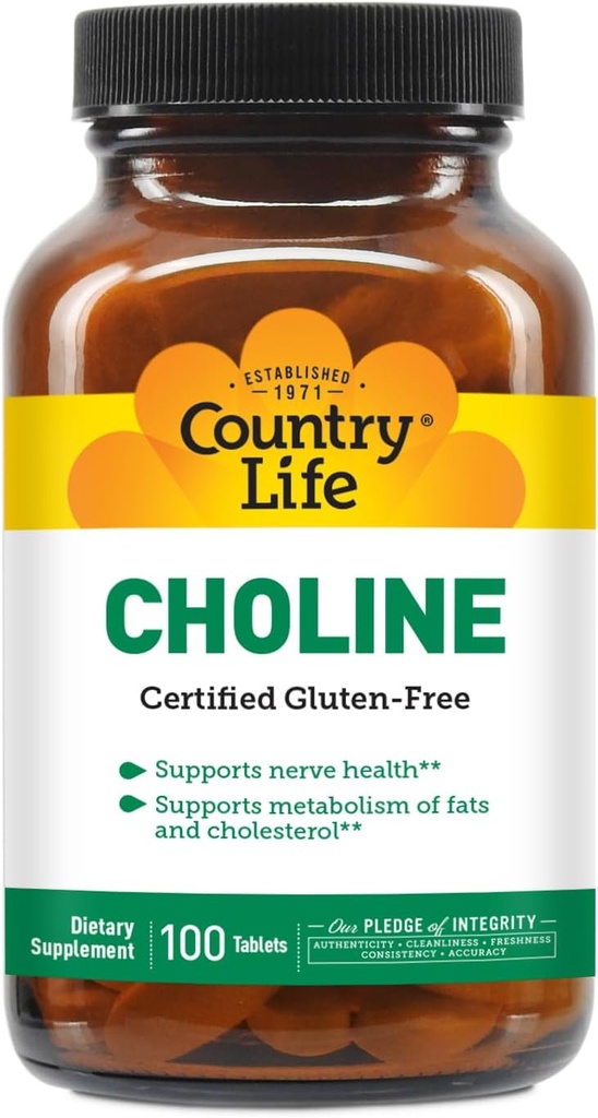 Country Life Choline 266mg, certifié sans gluten, certifié végétalien, certifié halal - 100 Comprimés