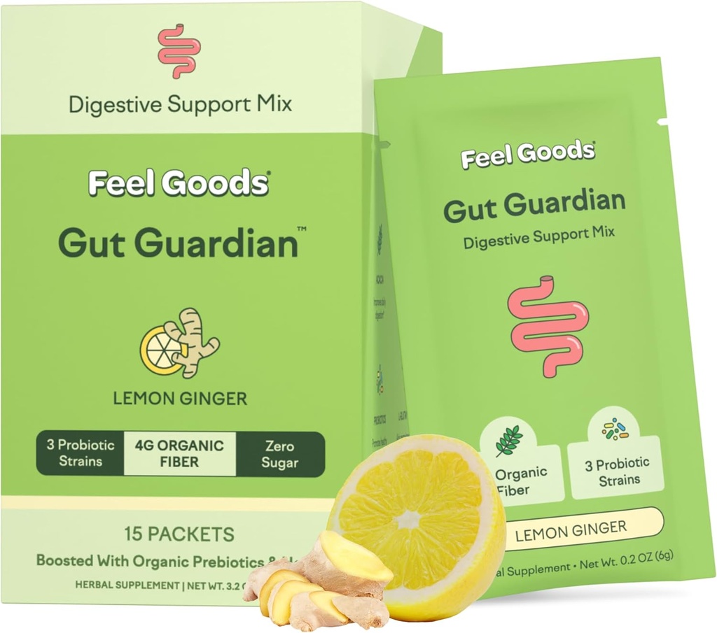 Feel Goods Gut Guardian, Fibre biologique, Poudre probiotique et prébiotique, Sans sucre, Herbes pour Bloat, Gut Health Support, Digestive Health for Men & Women, Non OGM, Vegan, Lemon Ginger, 15 Comte