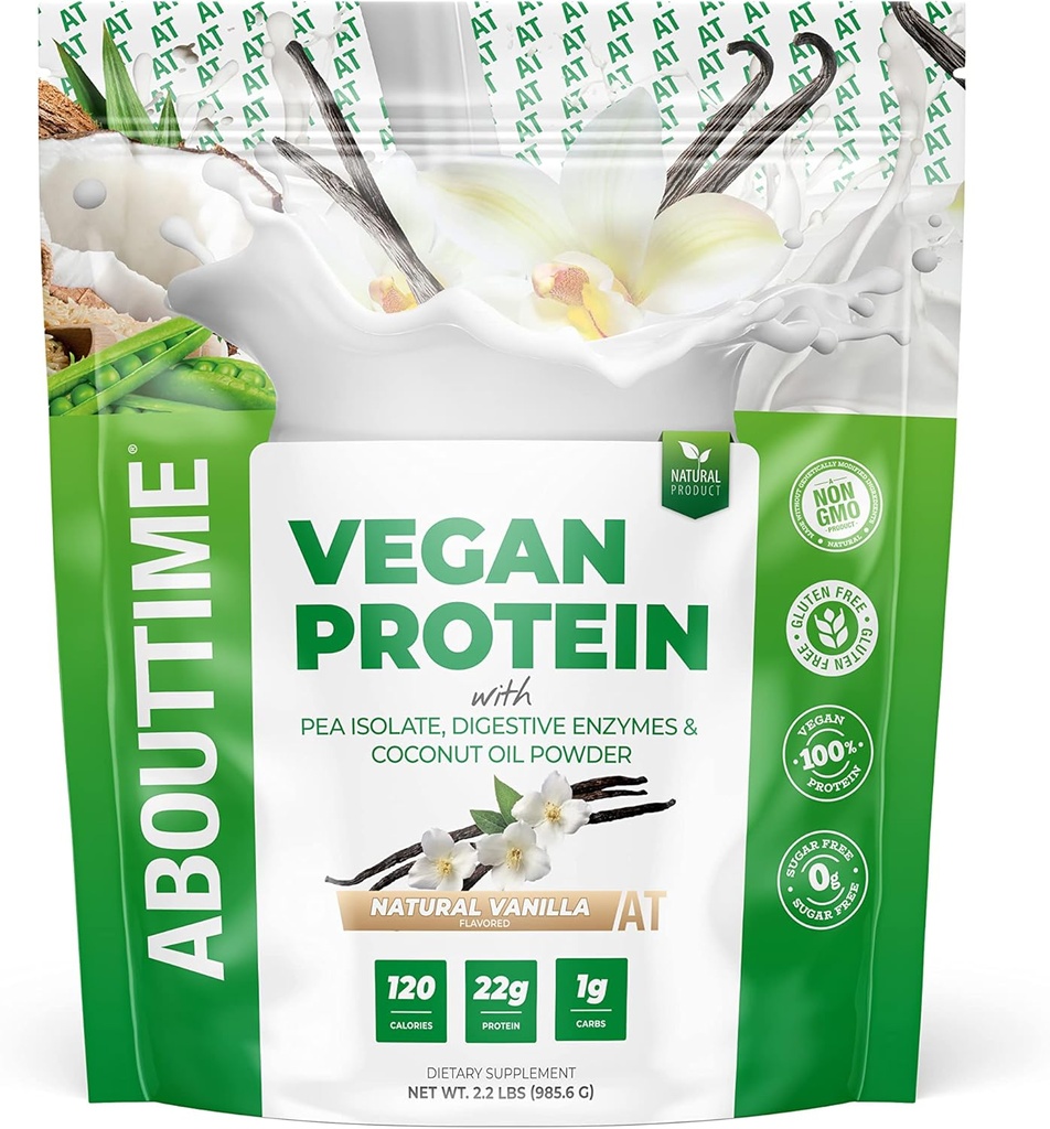 Au sujet du temps Poudre de protéines végétaliennes 22g Vanille, ingrédients naturels, non-OGM, à base de plantes, sans gluten, sans soja, sans lait, 32 portions