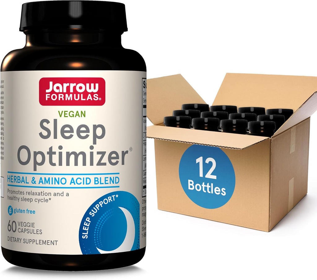 Formules de Jarrow Sleep Optimizer - 60 Capsules de Veggie - favorise le cycle de sommeil sain et la relaxation - comprend PharmaGABA, Hops Flower, Valérian, Mélatonine et L-tryptophane 30 portions, paquet de 12