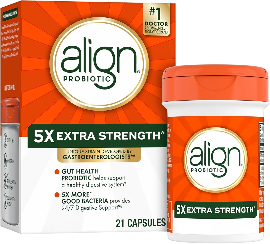 Alignez Probiotic Extra Strength, Probiotics for Women and Men, #1 Doctor Recommandé Marque, 5X Plus de bonnes bactéries^ pour aider à soutenir un système digestif sain*, 21 capsules (Packaging May Vary)