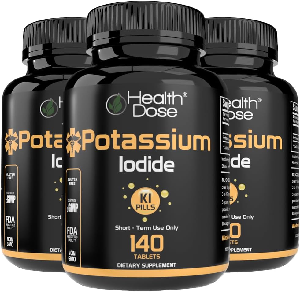 Doses de santé Potassium + Iodide (KI) Comprimés – 130mg 140 Comprimés – pour le support thyroïde, le métabolisme cellulaire et l'équilibre électrolytique – Non-OGM, sans gluten, GMP Certified Pack of 3