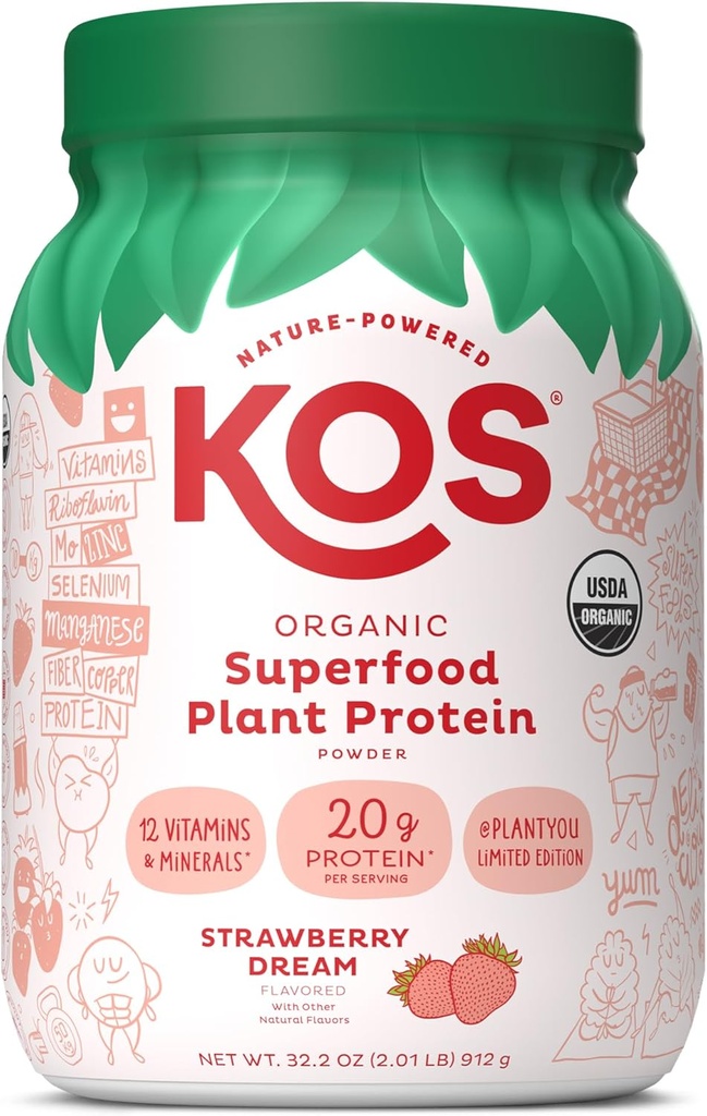 KOS Limited Edition Poudre de protéines végétales, Rêve de fraise - Mélange de protéines de pois organiques, super-aliments végétaliens riches en vitamines et minéraux pour les femmes et les hommes - Fait sans lait, soja, gluten - 24 portions