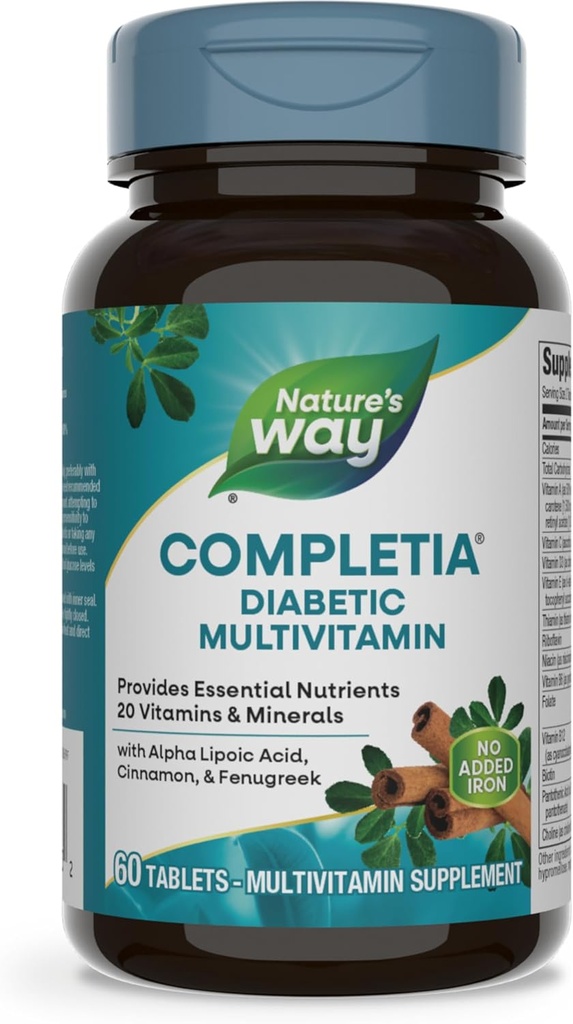 Nature's Way Completia Diabétique Multivitamine, Fournit des nutriments essentiels, avec acide alpha lipoïque, cannelle, fenugréek, taurine, lutéine, haute puissance B-vitamines, 60 comprimés (paquetage mai Vary)