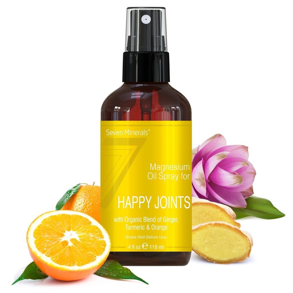 Seven Minerals, Magnésium Happy Joints Spray - Powerful USA Made Magnésium Oil Blend with Essential Oils (Turmeric, Ginger et Orange) - Ebook inclus gratuitement (4 fl oz)