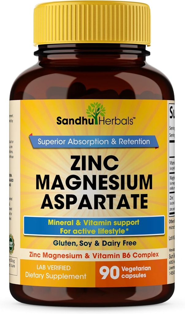 SANDHUHERBALS Supplément d'aspartate de zinc Magnésium 90 Capsules avec vitamine B6 & Zinc.