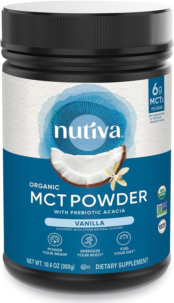 Nutiva Organic MCT Poudre avec fibre d'acacia prébiotique, Vanille, 10.6 Oz, USDA Organique, Non-OGM, Non-BPA, Vegan, Sans gluten, Keto & Paleo, Boissons instantanées ou Boissons Boissons Boost pour Café & Smoothies