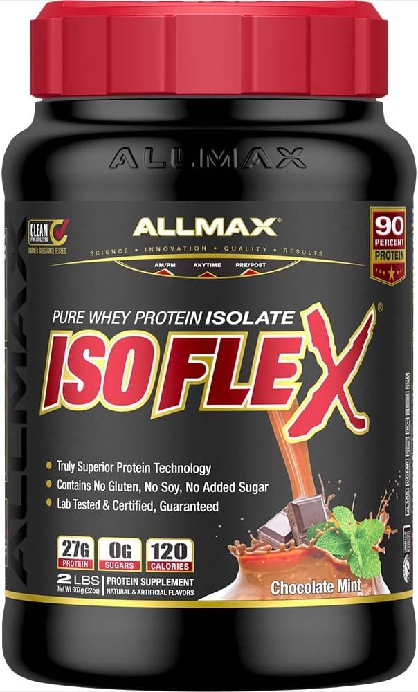 AllMAX Nutrition - ISOFLEX Poudre de protéines de lactosérum, isolat de protéines de lactosérum, 27g de protéines, menthe de chocolat, 2 livres
