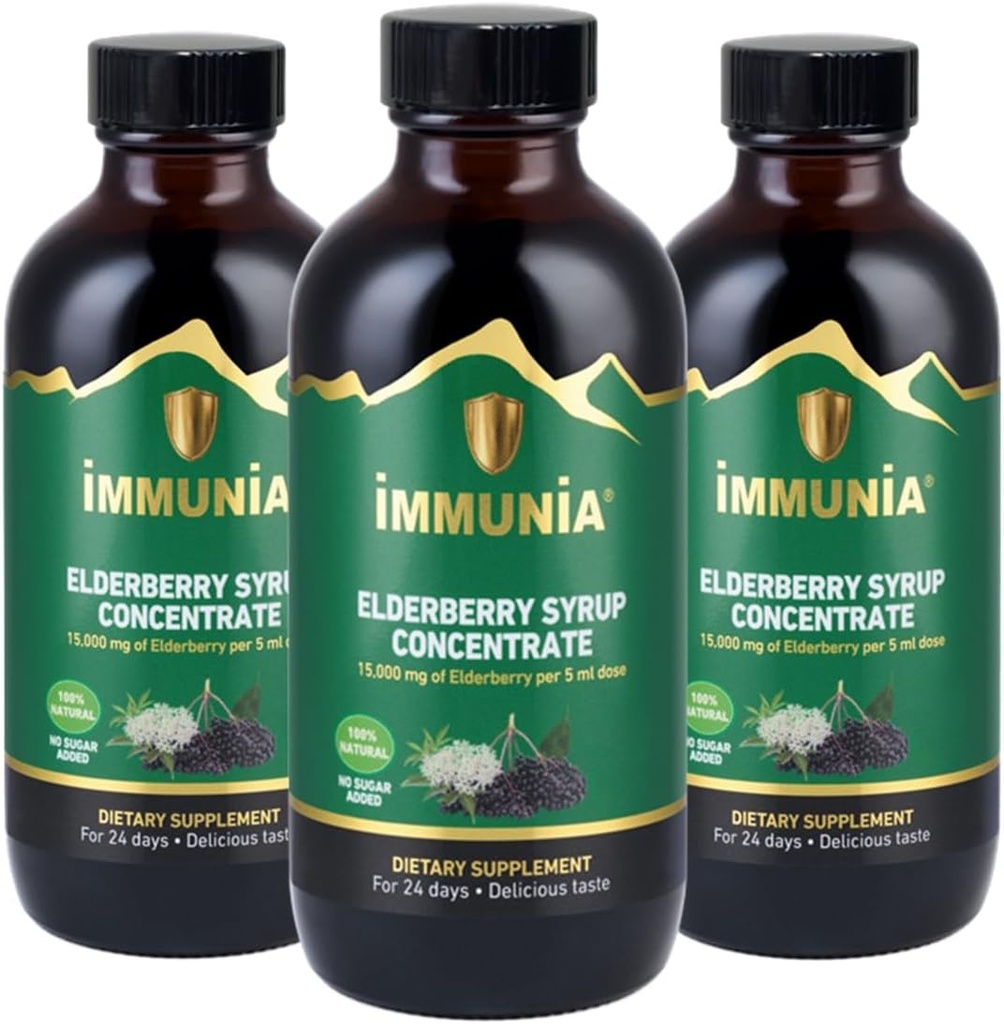 Immunia Elderberry Sirop aide à renforcer le système immunitaire. Ailleurs Concentré avec des fleurs, thym et menthe poivrée. Pas de sucre ajouté. Délicieux goût. 24 jours/bouteille. (3-paquet)