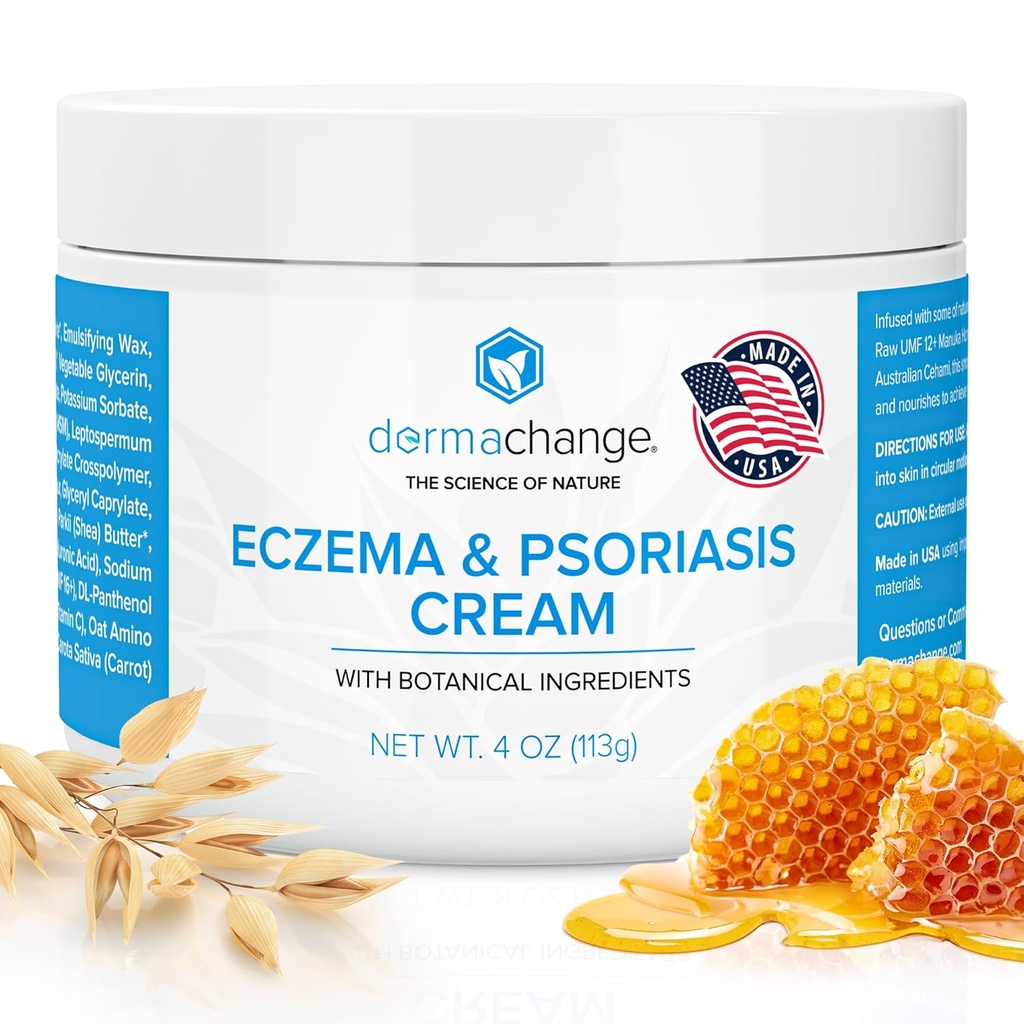 Crème d'eczéma et de psoriasis pour peau sèche et démangeaison - Crème visage de dermatite séborrhéique - Apaisante et hydratante - Manuka Miel et beurre de karité - Psoriasis pour adultes et enfants (4oz)