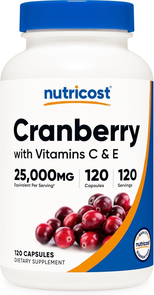 Extrait de canneberge Nutricost (25 000 mg) (120 capsules) avec vitamine C et vitamine E