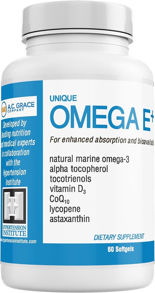 UNIQUE E A.C. Grace Company Omega E+ - Supplément à l'huile de poisson - avec acides gras oméga-3 marins, vitamine E, vitamine D3 et CoQ10 - aide à soutenir la santé du coeur, du cerveau et de la peau - 60 Softgels