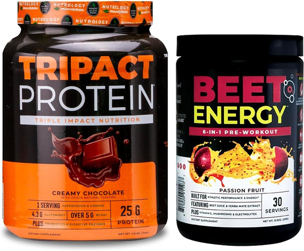 Nutrologie Beet Natural O2, poudre de pré-entraînement, saveur de fruits de passion (30 portions) poudre de protéines TRIPACT, 7-en-1 substitut de repas Shake, saveur de chocolat crémeux (20 portions)