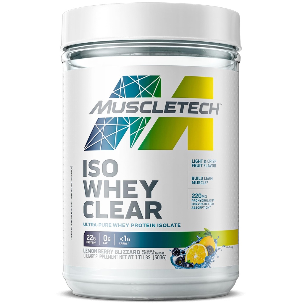 MuscleTech Whey Protein Powder Clear Whey Protein Isolate Whey Isolate Protein Powder for Women & Men Clear Protein Drink 22g of Protein, 90 Calories Lemon Berry Blizzard, 1,1lb(19 portions)