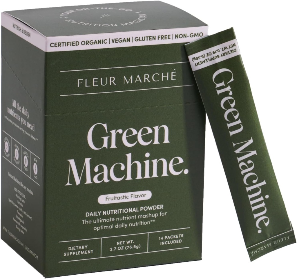 Fleur Marche Green Machine Super Greens Powder Packets - Verts organiques, fruits et probiotiques - Superfoods pour la digestion, l'énergie, le microbiome Support & Detox - Jus vert en route - 14 Packets