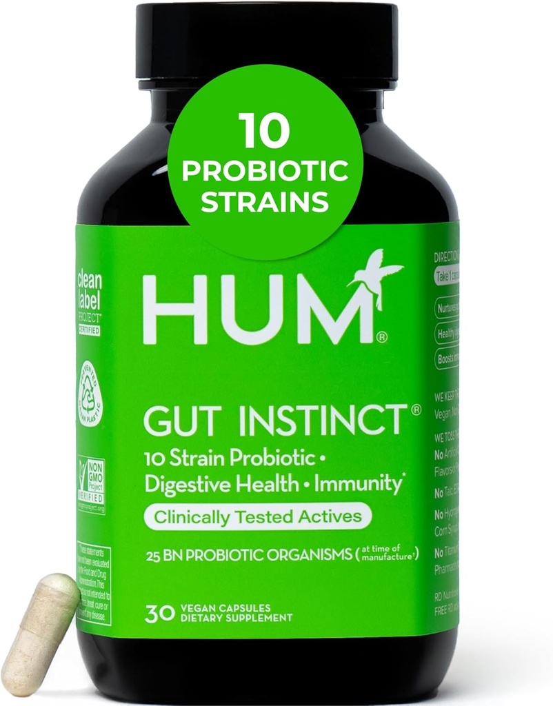 HUM Gut Instinct Probiotiques quotidiens pour les femmes et les hommes, Santé digestive, Lactobacillus, Bifidobacterium souches pour le soutien immunitaire, Supplément probiotique pour la diversité saine Gut, 30 capsules