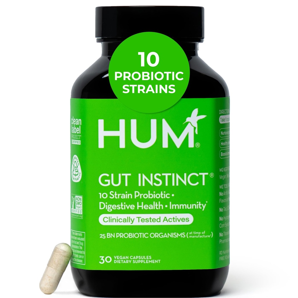 HUM Gut Instinct Probiotiques quotidiens pour les femmes et les hommes, Santé digestive, Lactobacillus, Bifidobacterium souches pour le soutien immunitaire, Supplément probiotique pour la diversité saine Gut, 30 capsules