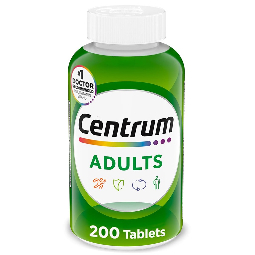 Supplément multivitamine/multiminérale pour adultes Centrum avec antioxydants, zinc, vitamine D3 et vitamine B, sans gluten, ingrédients non OGM - 200 Nombre