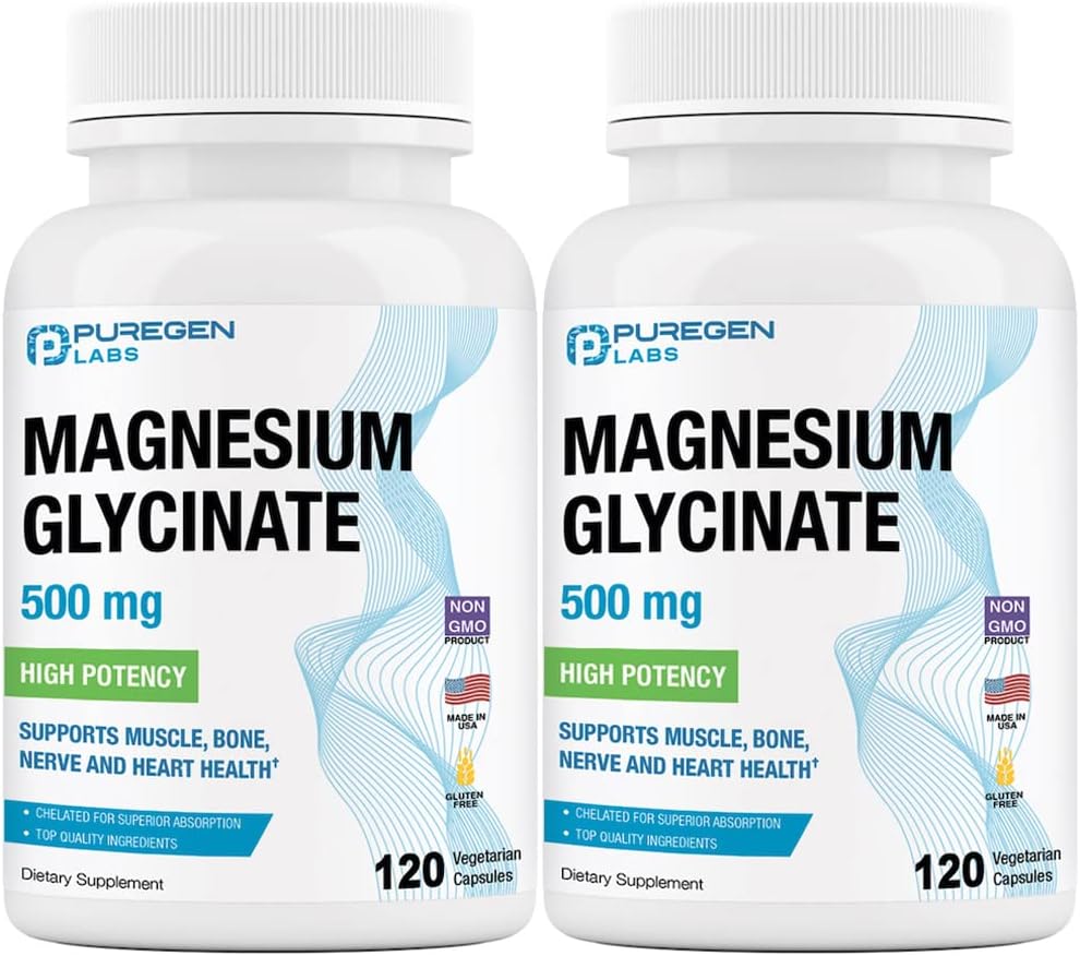 Magnésium Glycinate 500mg [Haute puissance] Caps végétiques, chélatés pour Absorption Supérieure, Non-OGM, NO Gluten et Laiterie, soutient la santé musculaire, articulaire et cardiaque.