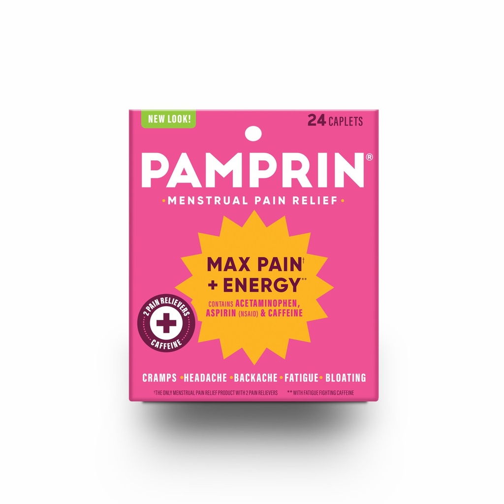 Pamprin Force maximale Formule de douleur et d'énergie maximale, période menstruelle Symptômes Relief pour les crampes, le ballonnement et la fatigue, 24 Caplets
