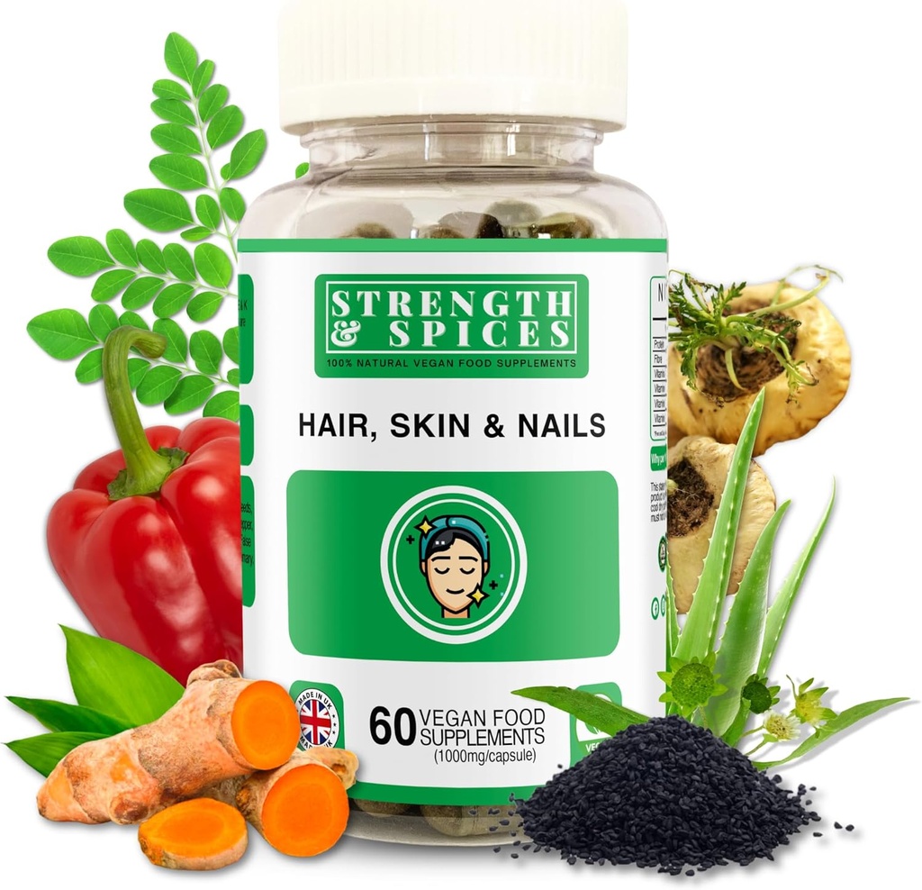 Strength & Spices Hair, Skin & Nails Supplément 100% naturel – 20 Ingrédients w Biotin Sélénium & Zinc - 60 Vegan UK Made 1000mg Capsules