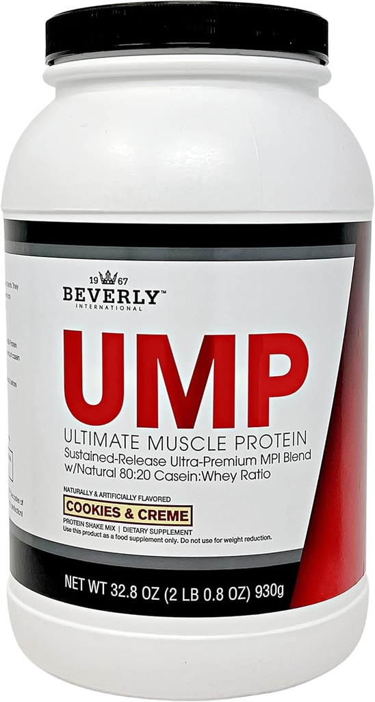 Beverly International poudre de protéines UMP, cookies et crème. Un rapport de lactosérum unique construit le muscle maigre. Facile à digérer.