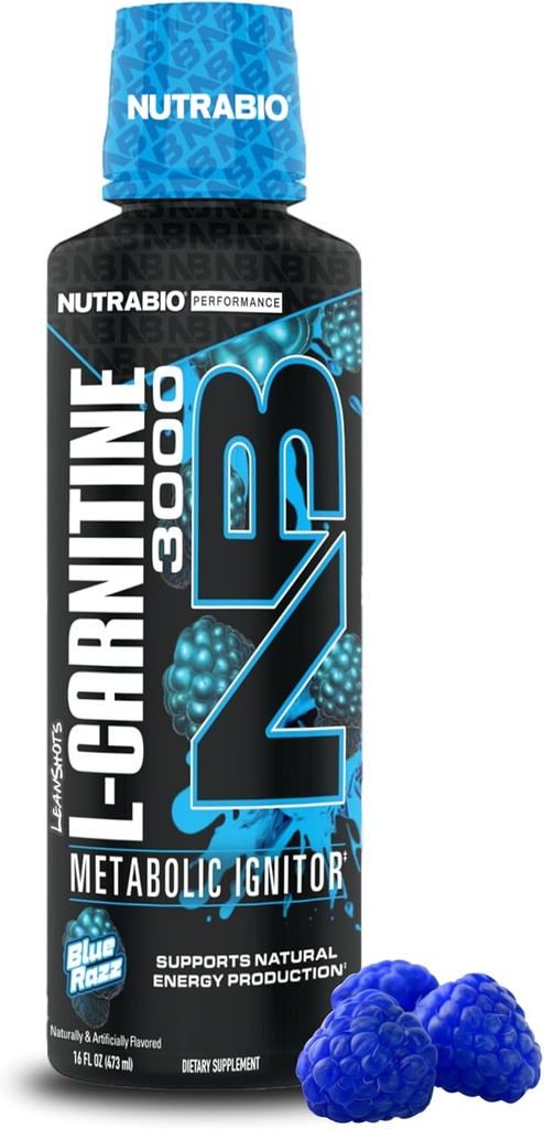 NutraBio – L-Carnitine L – 3000mg, (Razz bleu) – 10mg de vitamine B-5 – Zéro glucides et sucres – Production d'énergie – Récupération musculaire