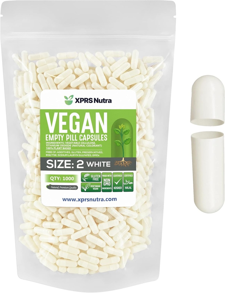 XPRS Nutra Taille 2 Capsules vides - 1000 Capsules vides de végétalien - Pilules vides végétariennes - Garniture de capsules végétales - Pilules de légumes (blanc)