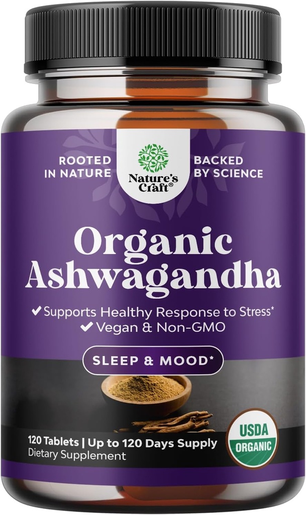 Suppléments bio Ashwagandha haute résistance - Comprimés bio Ashwagandha pour le soutien de l'humeur et l'équilibre hormonal pour les femmes et les hommes - Poudre d'extrait de racine avec poivre noir pour une meilleure absorption - 120 Ct