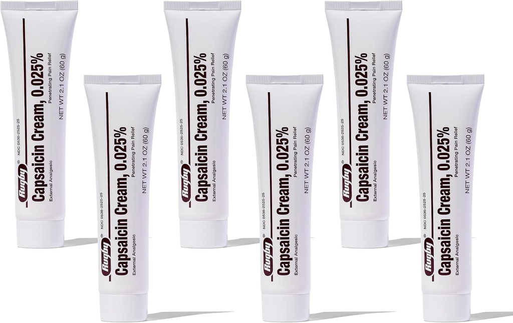 Rugby Capsaicin 0.025% Cream for Penetrating Pain Relief - 2.1 Oz (60g) (6 Pack)