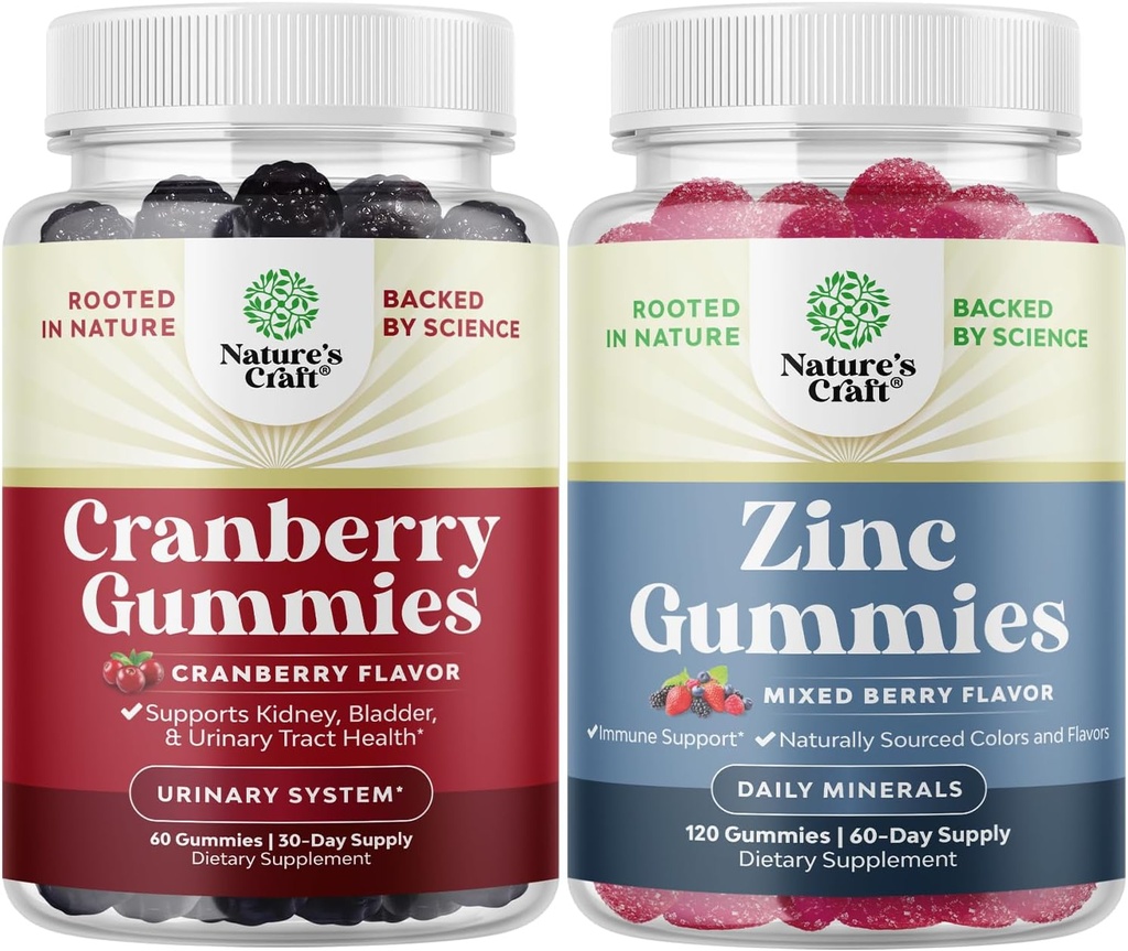 Bundle of Natural Cranberry Gummies for Women and Men and Extra Strength Zinc for Adults - Extra Strength Delicious Antioxydant Cranberry Chews - Chewable Zinc Citrate 50mg Immunity