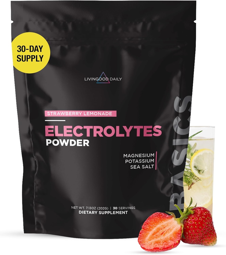 Livingood quotidien électrolytes poudre, électrolytes boisson d'hydratation mélange avec la vitamine C, Magnésium, Taurine et sel de mer, supplément d'électrolyte pour l'énergie et l'hydratation, Keto, fraise citronade, 30 Srvgs