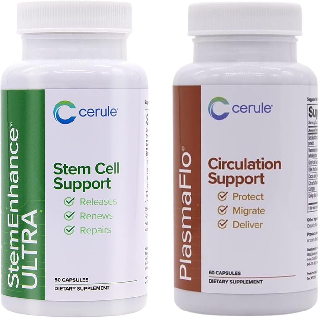 Cerule Stemenhance + Plasmaflo Ultra Stem Complement de soutien cellulaire avec des extraits de microalgues d'eau douce et de macroalgues marines pour aider à augmenter la circulation des cellules souches adultes et promouvoir la guérison