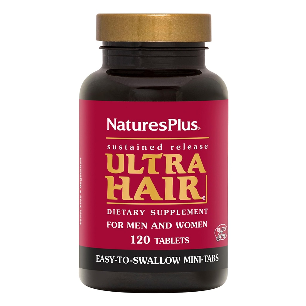 Natures Plus ultra cheveux, libération prolongée - 120 comprimés mini faciles à avaler - Supplément de croissance des cheveux naturels pour les hommes et les femmes - cheveux plus longs, plus épais - végétariens, sans gluten - 30 portions