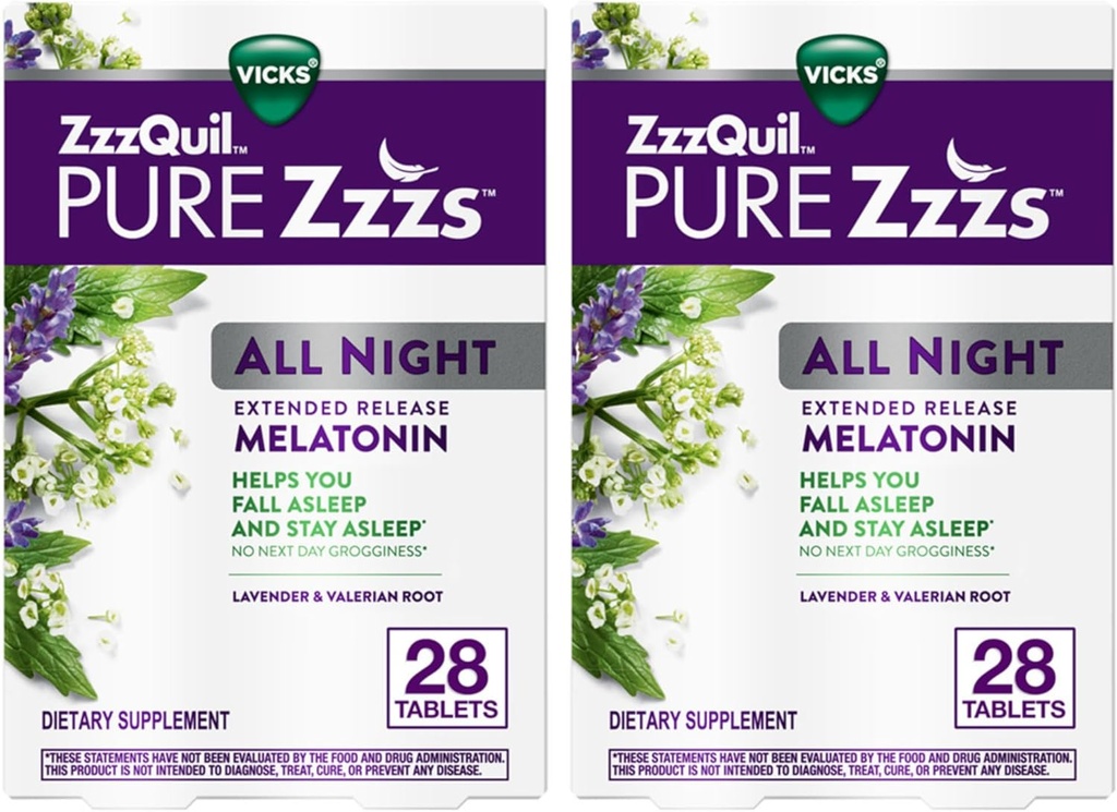ZzzQuil PURE Zzz toute la nuit à libération prolongée, mélatonine comprimés d'aide au sommeil, aide à rester plus longtemps en sommeil, aide au sommeil pour les adultes, 2 mg par comprimé, 56 comprimés totaux (2 boîtes de 28)