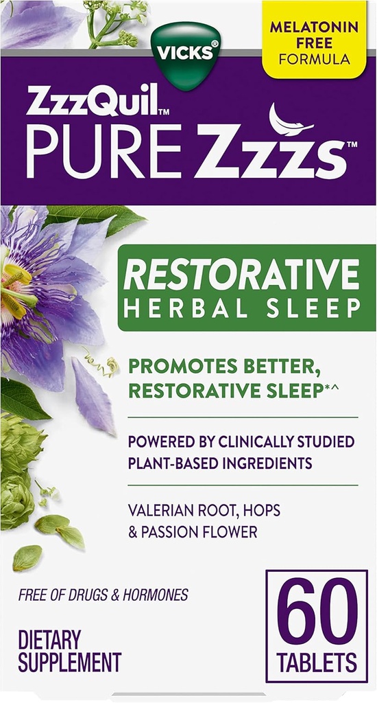 ZzzQuil PURE Zzzs Restaurant à base de plantes, comprimés, sans médicaments et hormones, formule sans mélatonine, racine valériane, houblon, fleur de passion, aide au sommeil pour les adultes, 60 comtes