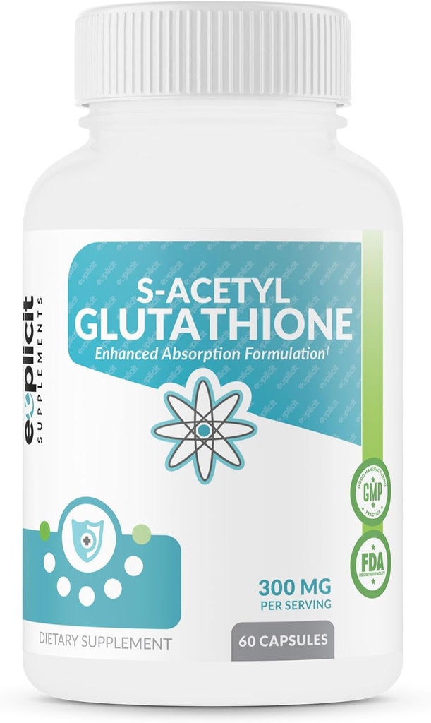Suppléments eXplicit S-acétyl glutathion SAG 300mg Par dose, bouchons résistants aux acides, fabriqués aux États-Unis - 60 Capsules