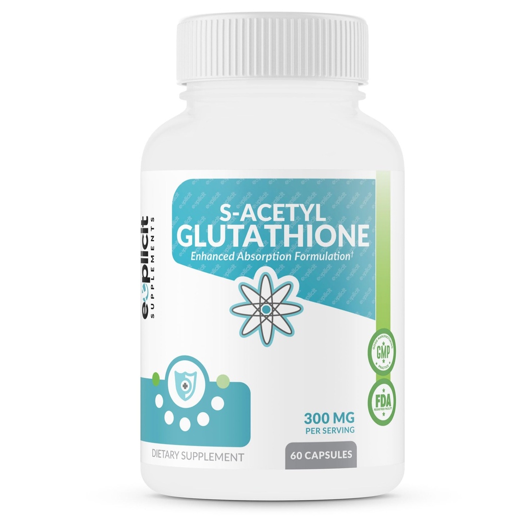 Suppléments eXplicit S-acétyl glutathion SAG 300mg Par dose, bouchons résistants aux acides, fabriqués aux États-Unis - 60 Capsules