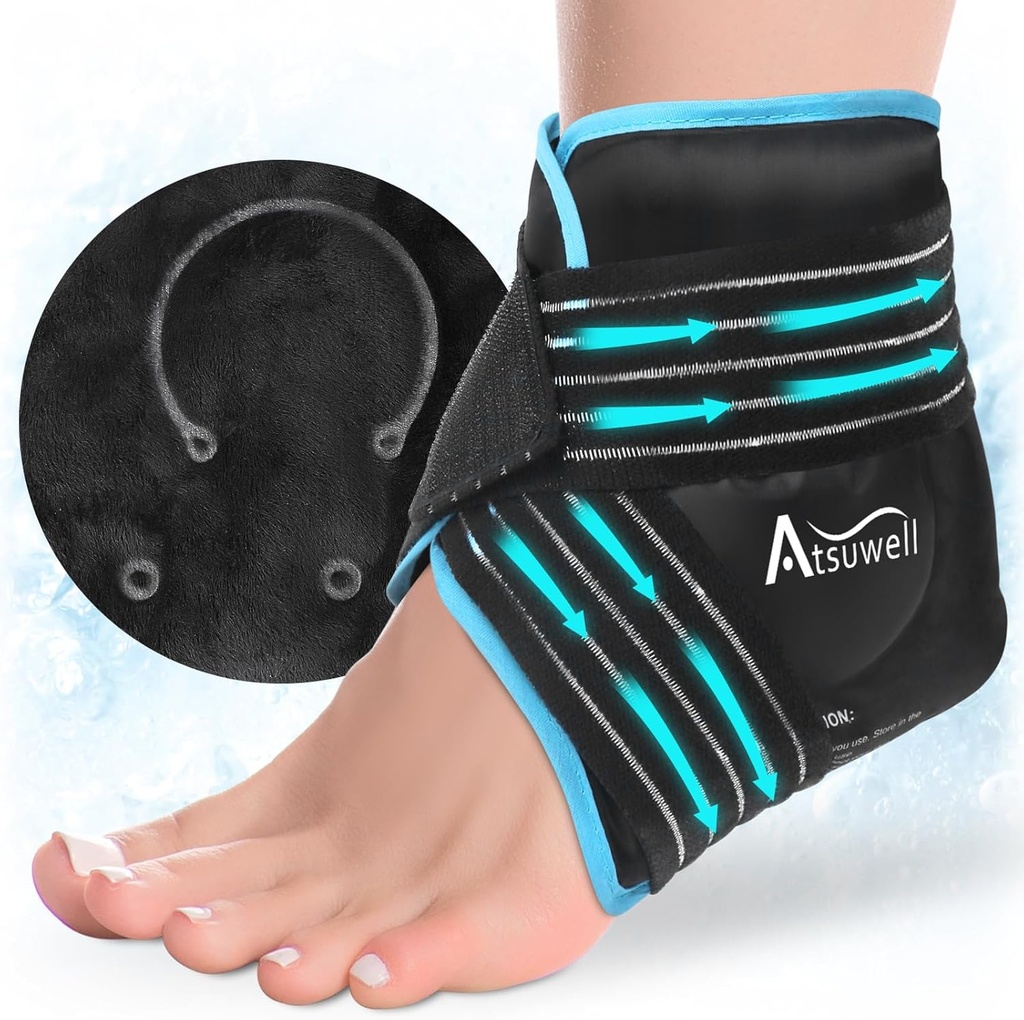 Atsuwell Ankle Ice Pack Wrap, Gel Ice Pack réutilisable pour talon de cheville de pied, pied Ice Wrap avec doublure en peluche douce, traitement du compresseur froid pour le désagrément apaisant, noir