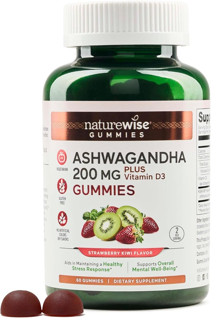 NatureWise Ashwagandha Gummies - Kiwi fraisier - KSM-66 avec vitamine D3 - Support d'humeur calmante - Végétarien - Sans OGM, sans gélatine et sans gluten - 60 Compte[1-Mois]