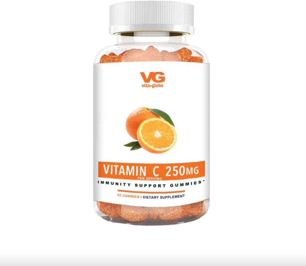 VITA GLOBE Vitamine C 250mg Vitamines Gommy- Système immunitaire Booster, non-OGM, végétalien et naturel orange saveur, 60 Compte (paquet de 1)