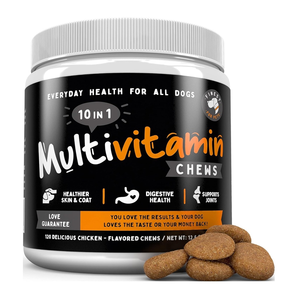Plus fin pour les animaux de compagnie Multivitamine Dog Supplément – 10 en 1 avec Omega Fish Oil & Glucosamine pour un meilleur soutien articulaire et de la peau, Gut, Digestion et Immune santé quotidienne (120 gâteries à croquer)