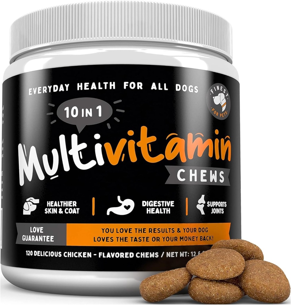 Plus fin pour les animaux de compagnie Multivitamine Dog Supplément – 10 en 1 avec Omega Fish Oil & Glucosamine pour un meilleur soutien articulaire et de la peau, Gut, Digestion et Immune santé quotidienne (120 gâteries à croquer)